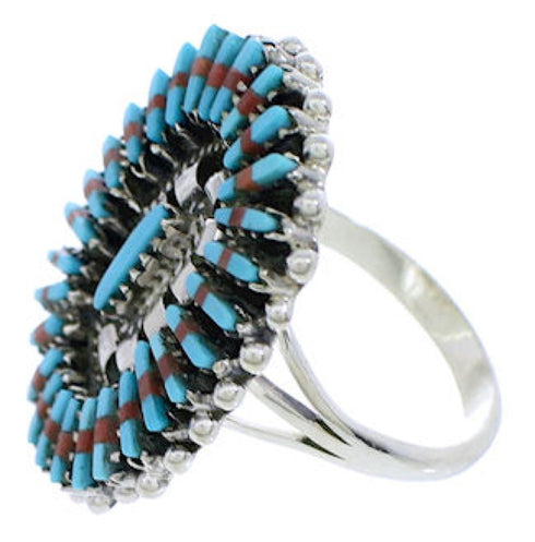 Silver Turquoise Needlepoint Coral Ring Size 8-1/4 WX36439